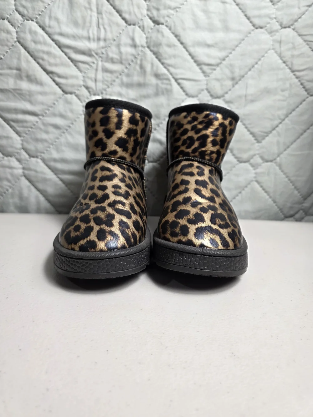 Kids Leopard Print Cozy Ankle Boots - Black Trim Sz 36